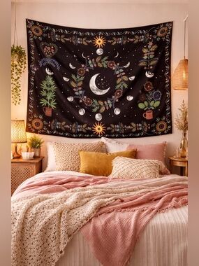 Boho Celestial Moon Tapestry Witchy Decor Dorm Room Stream Backdrop NWT